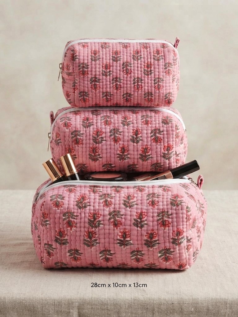 Set Of 3 Block Print Toiletry Bags, Cotton Makeup Bag, Cosmetic Bag Set Gift